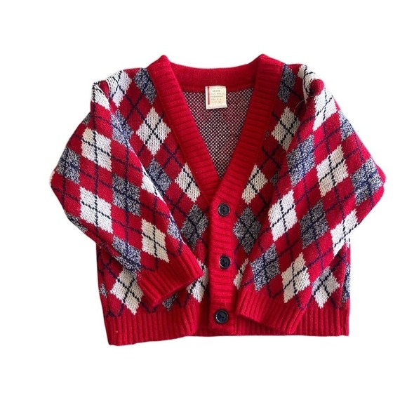 Vintage Other - Vintage 80s  Red Argyle Knit Cardigan Sweater 18-24M Toddler Boys Fall Winter